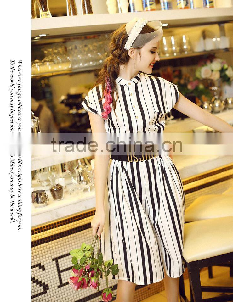Women fashion short sleeve white and black stripes printing button down loose legging casual romper jumpsuit