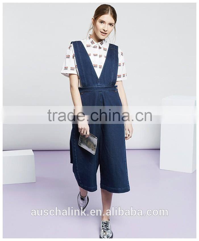 latest design 100% cotton wide leg gallus jeans pants for girl