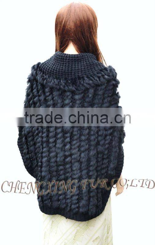 CX-B-73 Women Sweater Black Knitted Genuine Rabbit Fur Shawl