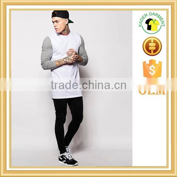 New trendy longline t shirts slim fitted t-shirt with contrast sleeves