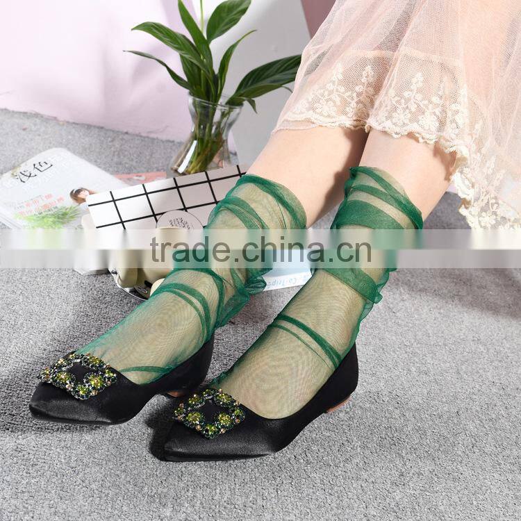 WS-46 Women Summer Novelty Transparent grid socks Glass Crystal Silk Cool Mesh Knit Sheer soks