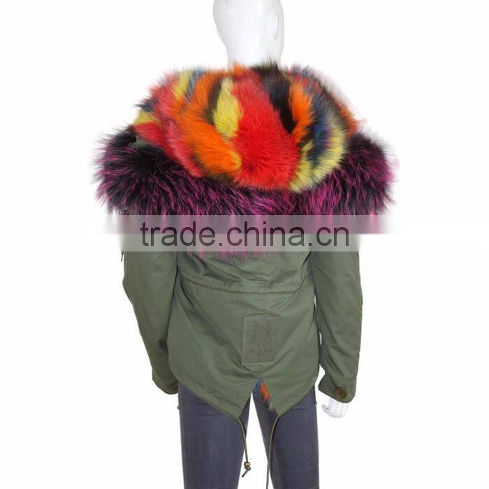 Myfur Popular Ladies Parka with Real Fox Fur Lining and Dyed Raccoon Fur Trimed Hood