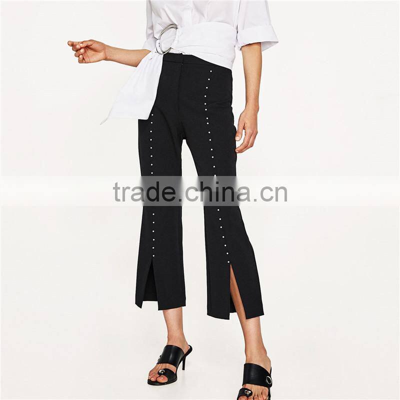 Breathable black pearl studded dress black pants with slits