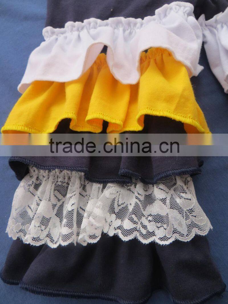 Newest School Girls Design Lace Sleeve Top .5 Layers Ruffle Navy Pants & Coat With Button 3 Pcs Clothing Sets QL-74