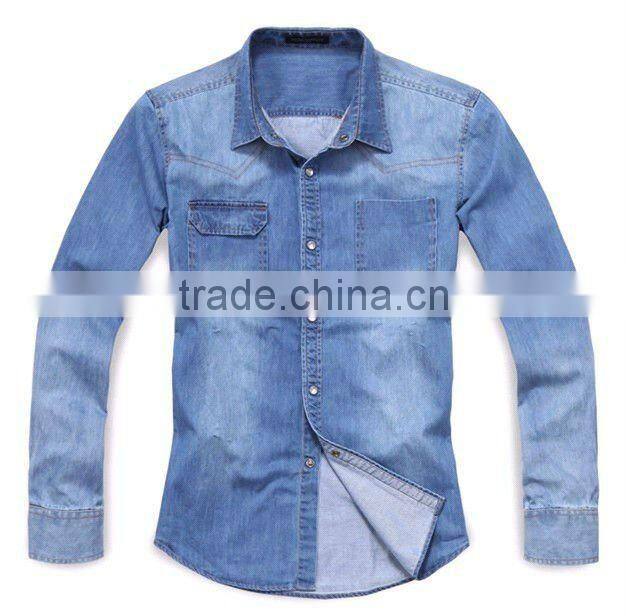 European fashion style Light blue 100%Natural Cotton soft Denim/Retro Cowboy Shirt for men with S,M,L,XL,XXL peaked collar