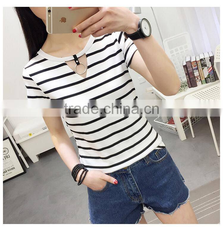 Girls Cheap Plain v neck stripe t shirt with ring low moq wholesale price