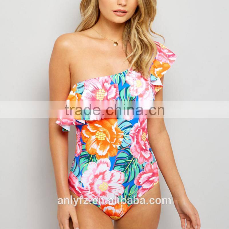 China factory wholesale embroidered asymmetric ruffle one piece swimsuit women