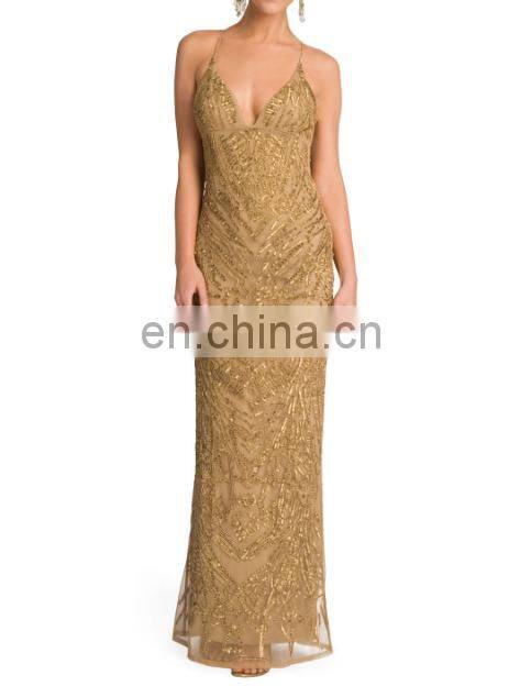 2017 New In Gold Runway Glitter CUT OUT ON BACK STRAP SLEEVELESS FLOOR LENGTH MAXI DRESS