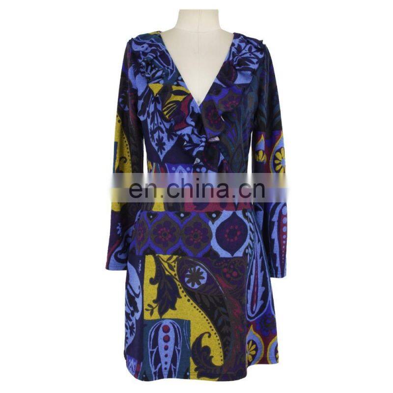 Patch Work Print Neck Frill Old Women Wrap Dress