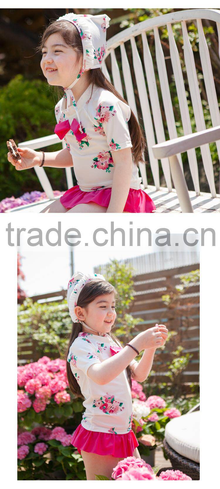 beautiful flower printed children bath suits fancy swimwear with cap wholesale