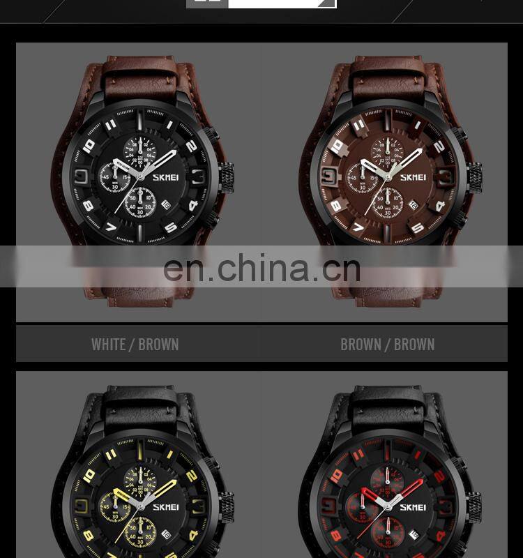 Custom SKMEI 9165 Water Resistant Leather Band Quartz Watches Men Wrist