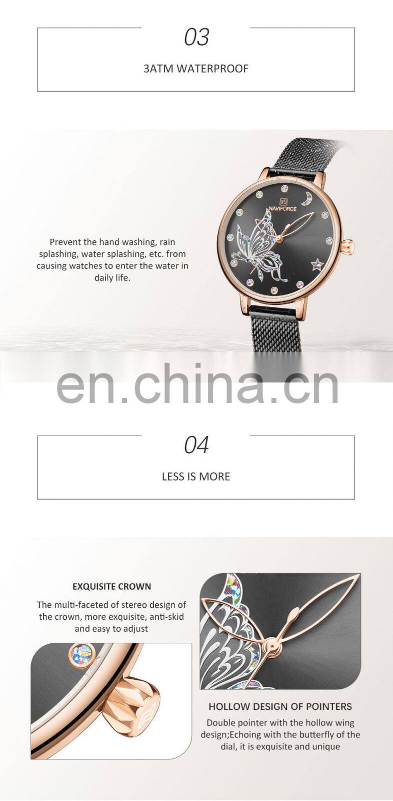 NAVIFORCE NF5011 Women's Diamond Butterfly Pattern Quartz Watches Stainless Steel Mesh Strap Luxury Watch