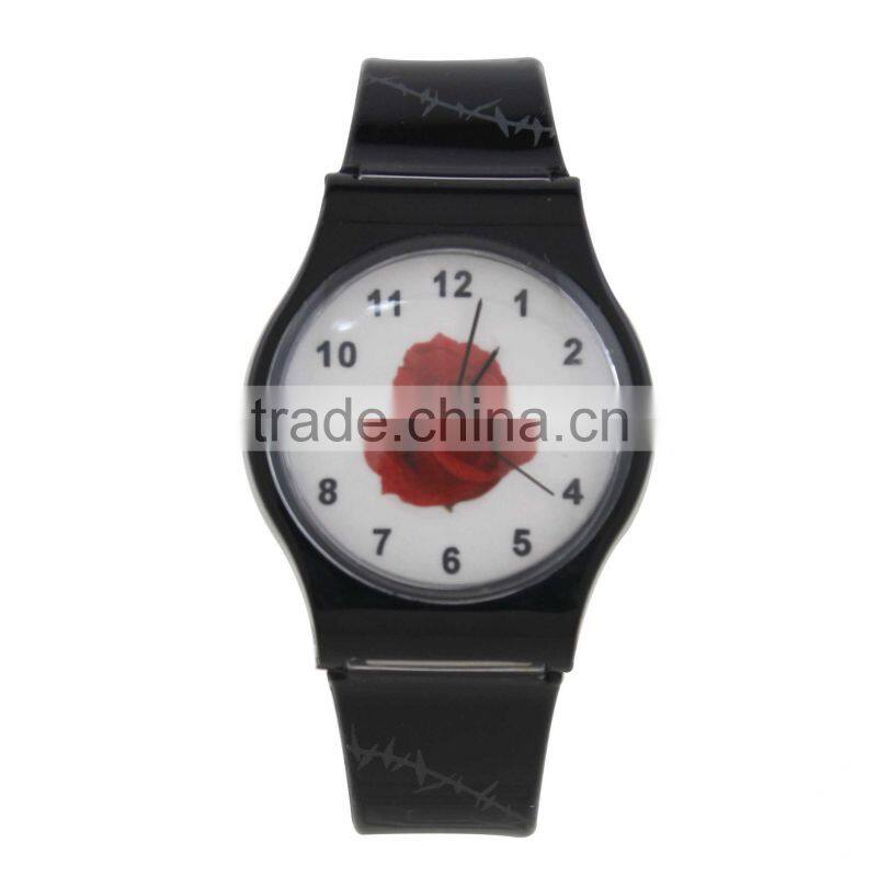 FT1009_BK PVC strap ladies plastic quartz movt flower print watch
