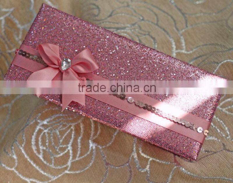 Hot sale elegant pink hardcover folded wedding invitations with pink paillette ribbons bowkont & crystal decoration
