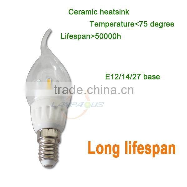 ce rohs e12 e14 e27 led chandelier candelabra bulb candle lights 85~265V AC ceramic 3w led candle lamp