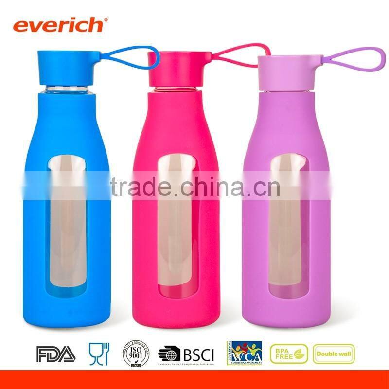 Everich customized 600ml borosilicate glass water bottle with twist lid silicone