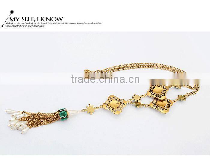 Ethnic gold jewellery square charm pearl drop metal tassel necklace