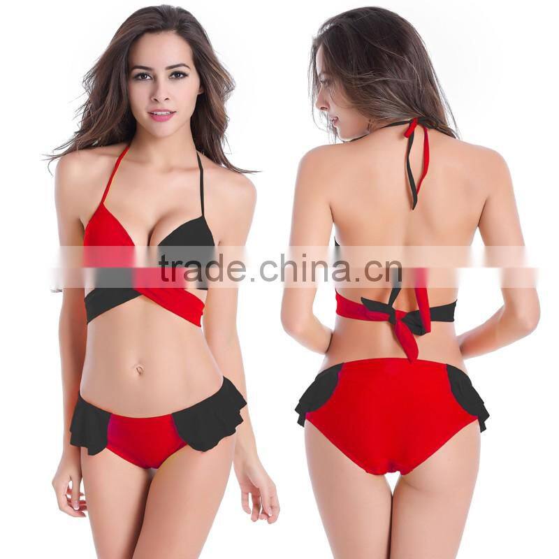 Women Bandeau Bandage Contrast-color Bikini Push-up Gather Swimsuit Bathing Suit