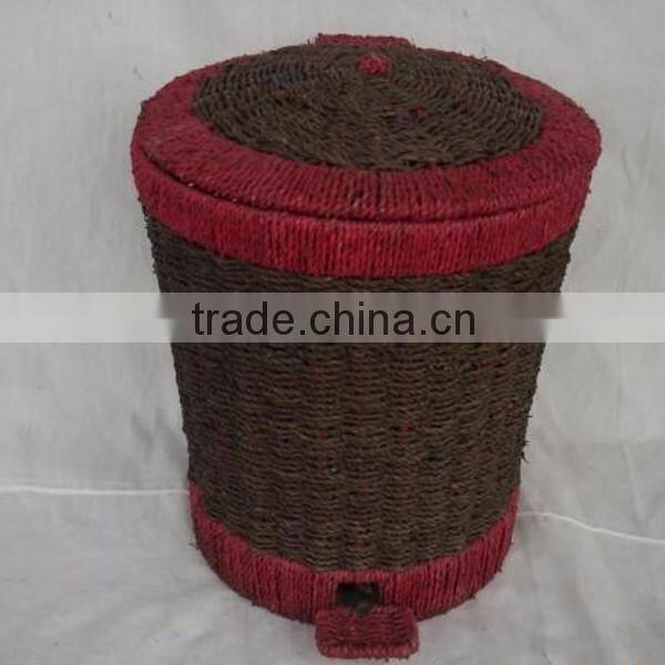 Woven rattan waste bin with lid and foot switch