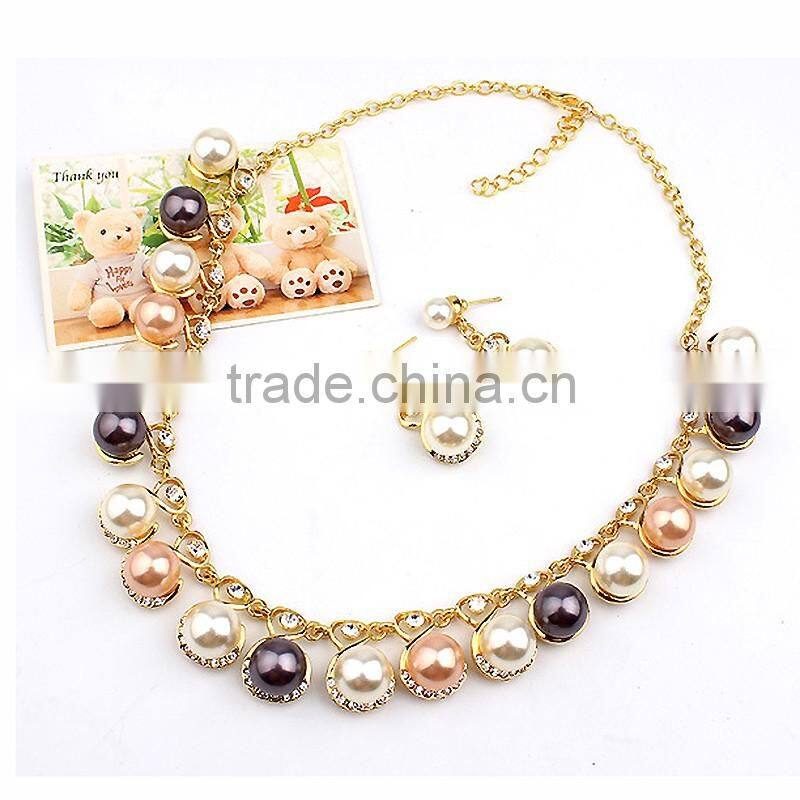 Fashion Necklace Earrings Jewelry Sets Crystal Gold Plated Big Simulated Pearl Wedding Party Jewelry For Women