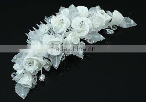 Bridal Handmade White Rose Fabric Crystal Hair Comb CT1394