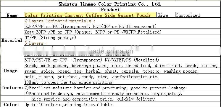 Color Printing Instant Coffee Side Gusset Pouch