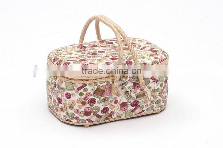 Floral Print Wooden Sewing Tool Basket w/ Accessories