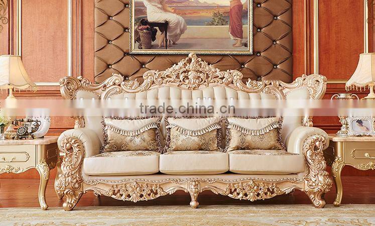 New design luxury solid wood gold painting genuine leather living room sofa set