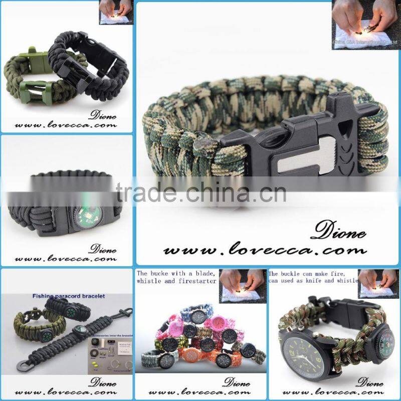 550 paracord survival bracelet with compass/thermometer /firestarter buckle/whistle/Blade