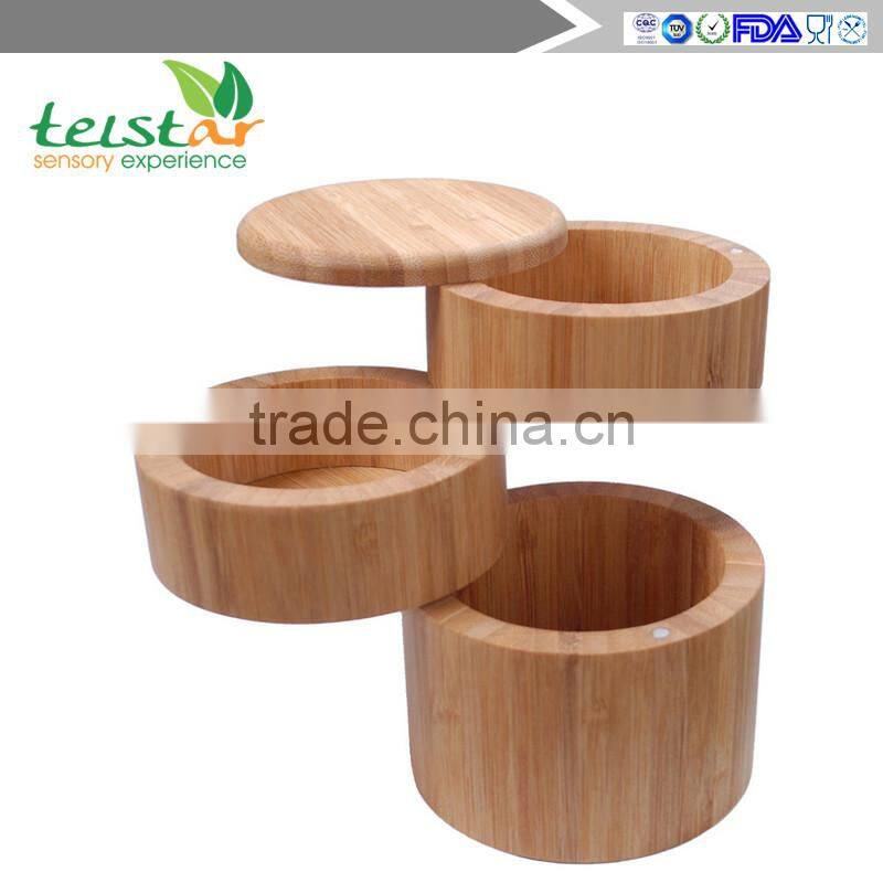 Bamboo 3-Tiered Seasoning Spice Salt Storage Box With Removable Rotating Magnetic Lid