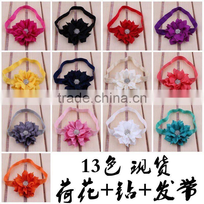 fabric flower headband with rhinestone in center for kids hair accessories