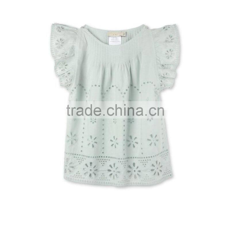Latest Fancy Pretty Broderie Anglaise Blue Cotton Girls Top With Frilled Sleeves Kids Childerens Boutique Clothing HSd5108