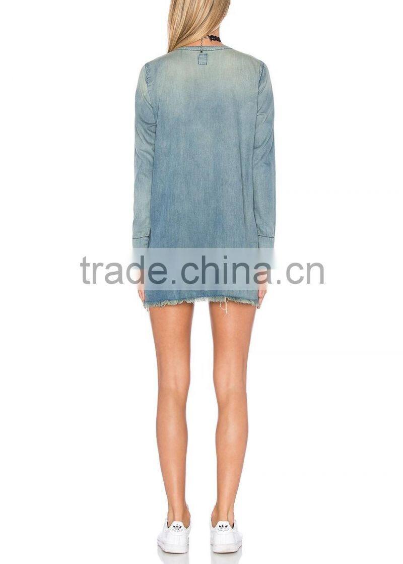 Fashion Ladies Raw Cut Frayed Hem Denim Jeans Fabric Girls Mini Dress With Front Lace-Up Details With Details 2016 HSD5819