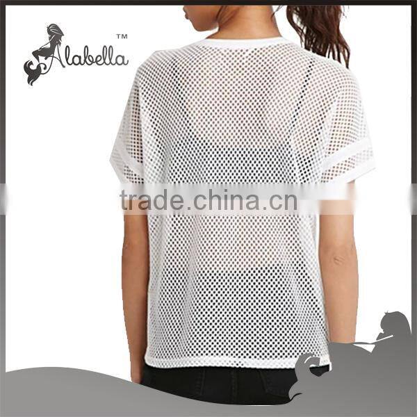 Top tee white t-shirts with mesh fabric sexy t shirts for women