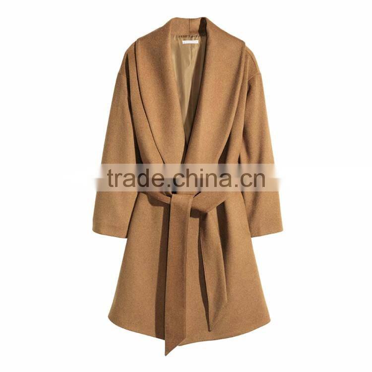 HAODUOYI Winter Women Light Tan Pockets Belt Front Trench Coat V Neck Long line Woolen Coat