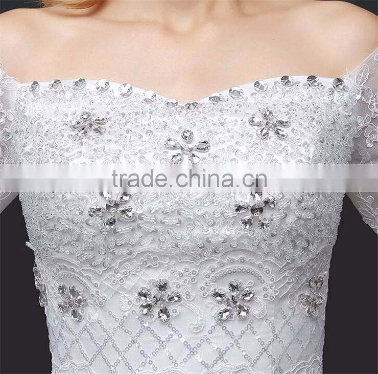 MGOO Lace Trim Hem Beaded Empire Vintage Floor Length Off Shoulder Wedding Dress Bride Grown Long Sleeve