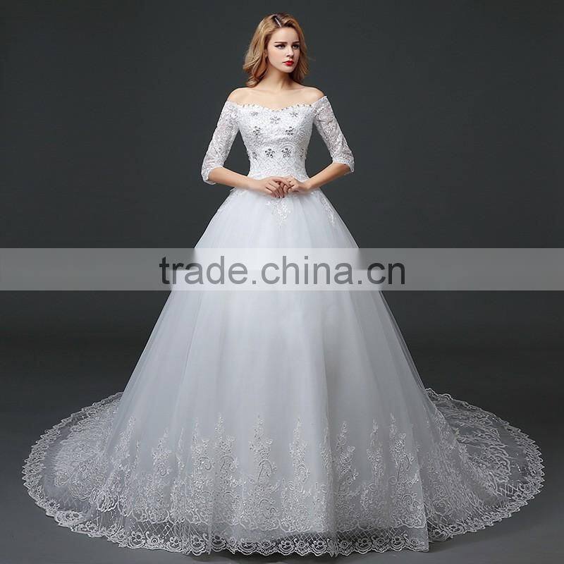MGOO Elegant Old Castle Long Tail Wedding Dress Lao White Embroidery Off Shoulder 3/4 Long Sleeves Dress