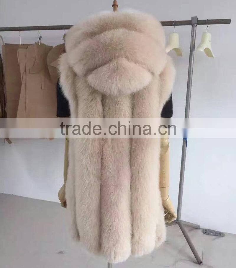 2017 Newest design Long woman real fox fur vest with hood natrual raw colour--pc-250