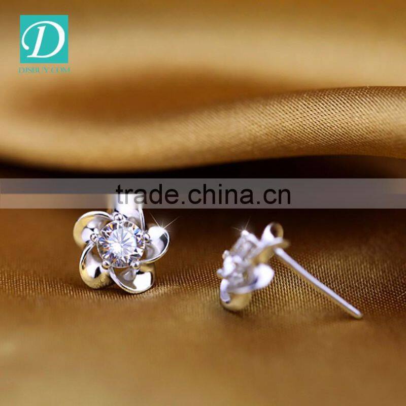 High Quality Korean Sliver Flower Stud Earrings Diamond Earring