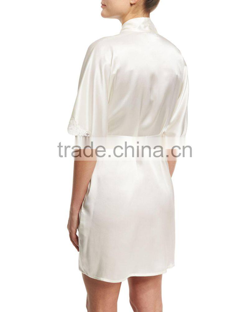 Wholesale & custom short kimono robe, wrap front silk satin robe, lace trim short robe