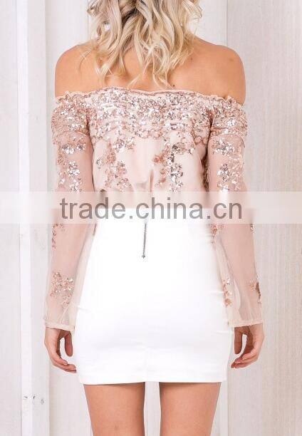 Runwaylover 116 New Design 2017 Ladies Sexy Off-Shoulder Sequins Embroidery Bodysuits
