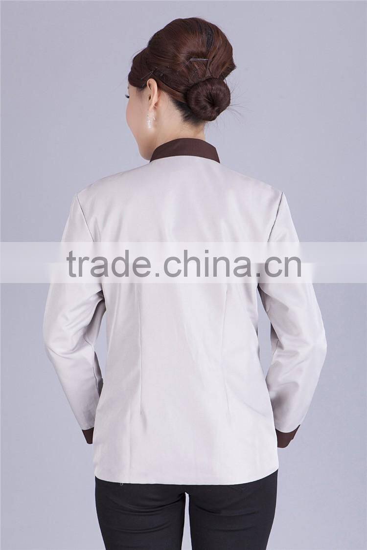 Juqian Wholesale cheap beige fashional design korean collar anti-foul hotel cleaner workwear work uniform