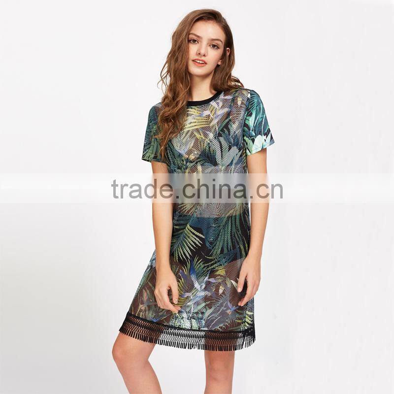 WOMEN sexy short shirt dress, printed and mesh design black dress