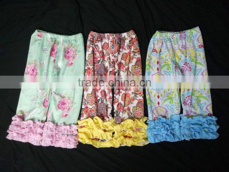 Wholesale girls ruffle pants baby girls cotton solid flower pants with ruffles