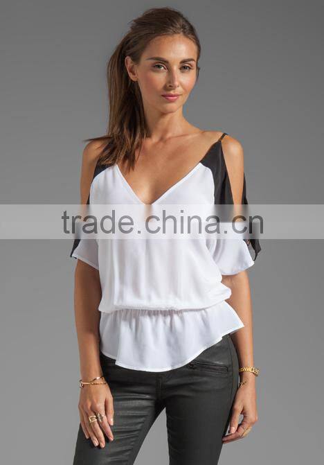 contrast color blocking elastic waist combo top