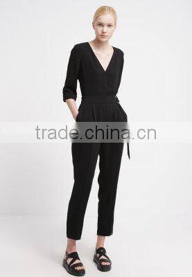 Casual black v-neck with belt one piece suit design trousers
