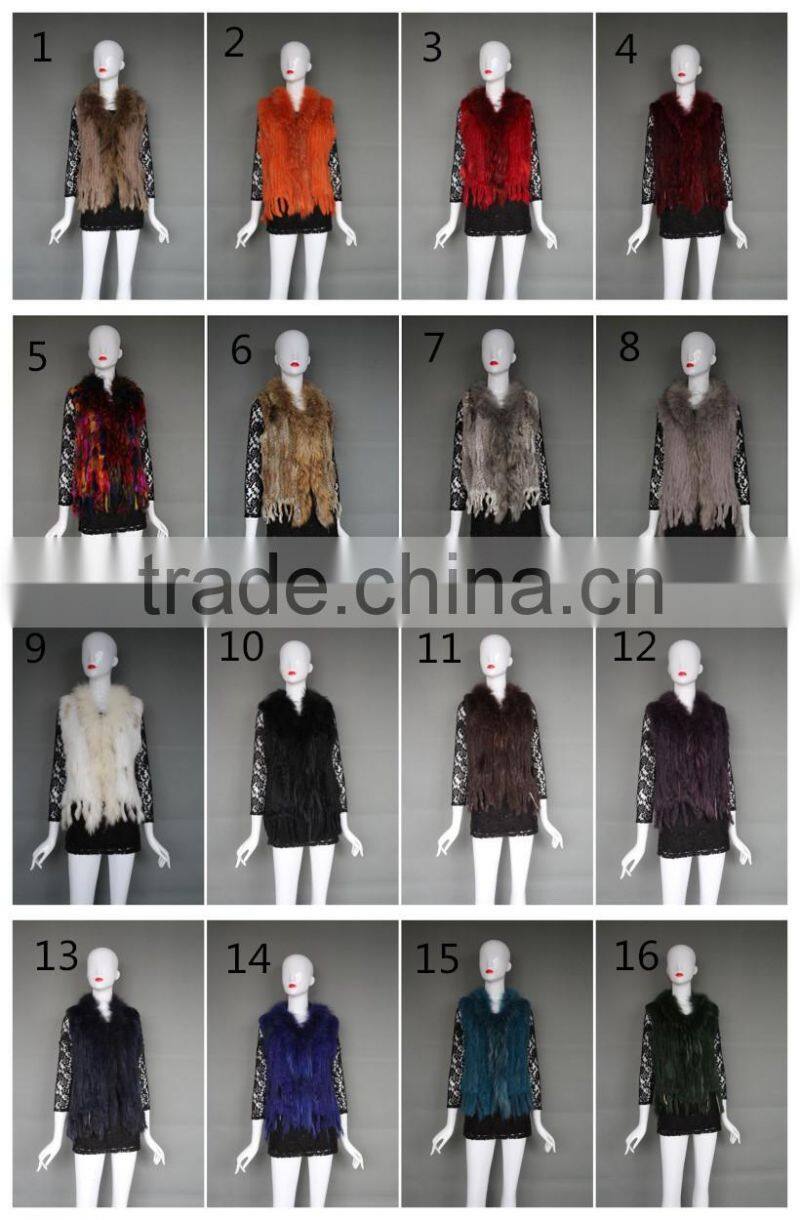 Wholesale Rabbit Fur Vest/ Gilet For Fashion Ladies/Women Knitted Coat With Raccoon Fur Collar