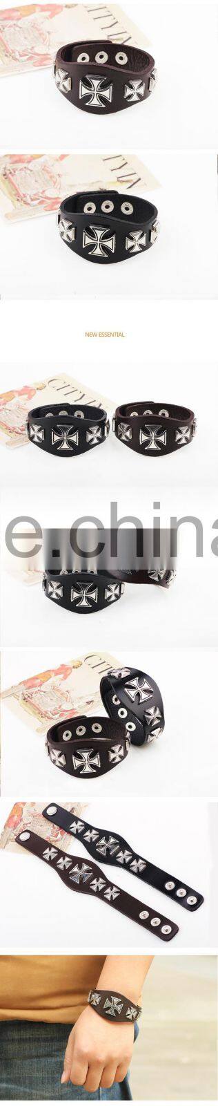 XP-LB-6108 wholesale fashion Genuine leather Bracelet jewelry best price nail rivet cross leather bracelet for men