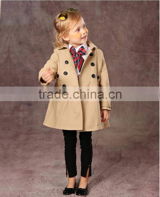 Latest fashion firls clothing double buckle long sleeve girls trench coat
