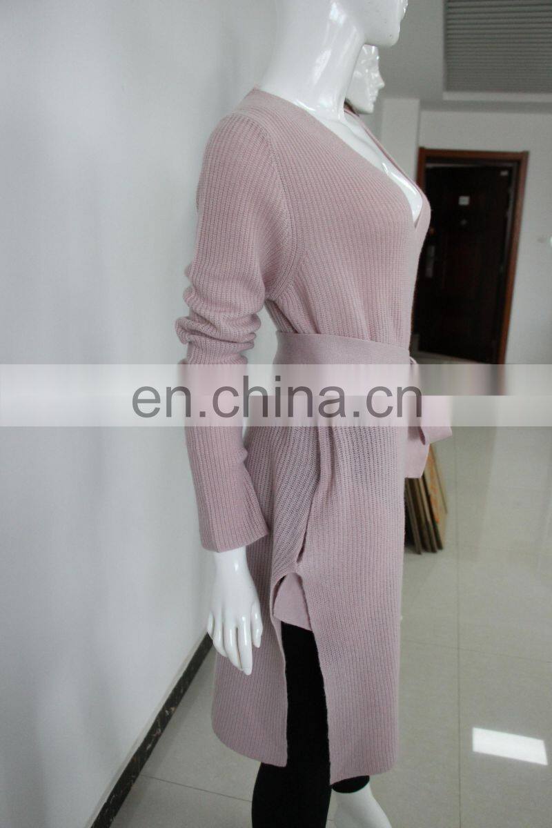 2017 last fashion elegant v neck belt style knit pure cashmere long cardigan